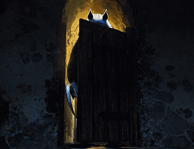 A Wolf With Red Eyes Is Standing In A Dark Doorway GIF