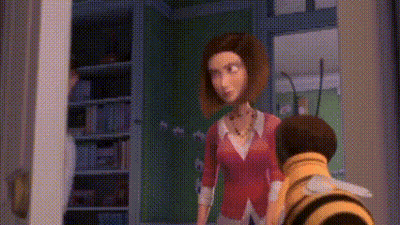 A Woman And A Bee Are Standing Next To Each Other In A Room In A Cartoon . GIF