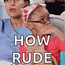 A Woman And A Little Girl Are Sitting Next To Each Other With The Words How Rude Written On The Bottom . GIF