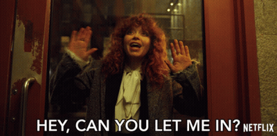 A Woman Behind A Glass Door With The Words Hey Can You Let Me In GIF
