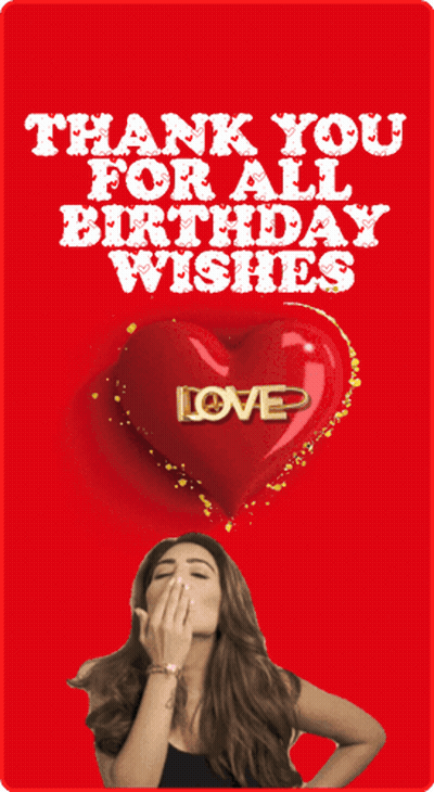 A Woman Blowing A Kiss In Front Of A Red Heart With The Words Thank You For All Birthday Wishes GIF