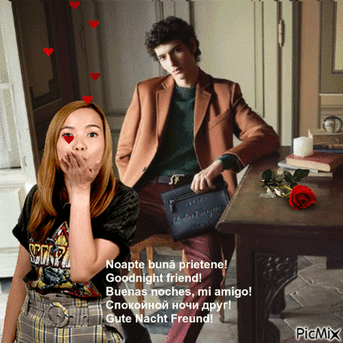 A Woman Blowing A Kiss Next To A Man Sitting At A Table With A Red Rose GIF