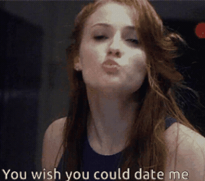 A Woman Blowing A Kiss With The Words You Wish You Could Date Me GIF