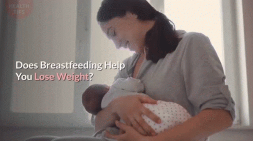 A Woman Breastfeeding A Baby With The Words " Does Breastfeeding Help You Lose Weight " GIF