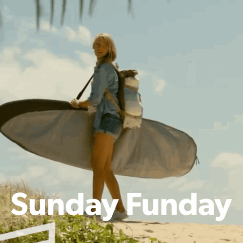 A Woman Carrying A Surfboard On A Beach With The Words Sunday Funday Above Her GIF