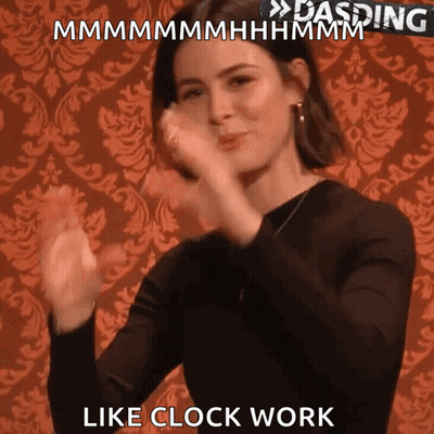 A Woman Clapping Her Hands With The Words Like Clock Work Written Below Her GIF