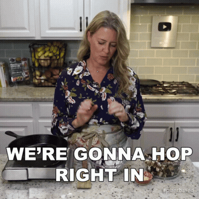 A Woman Cooking In A Kitchen With The Words We 'Re Gonna Hop Right In Above Her GIF