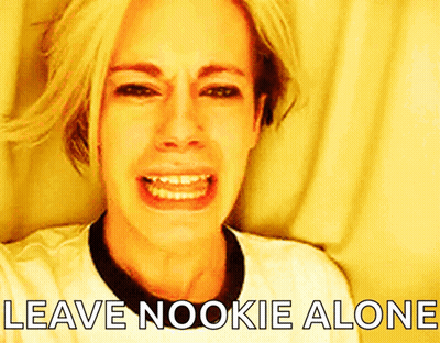 A Woman Crying With The Words Leave Nookie Alone Below Her GIF