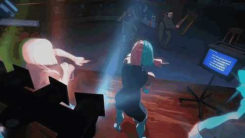 A Woman Dancing In Front Of A Computer Monitor That Says Windows Error Message GIF