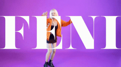 A Woman Dancing In Front Of The Word Feni On A Purple Background GIF