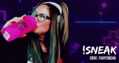A Woman Drinking From A Pink Bottle With The Words Sneak Code Fairysneak GIF