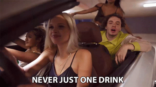 A Woman Driving A Car With The Words Never Just One Drink GIF