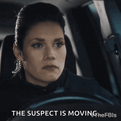 A Woman Driving A Car With The Words " The Suspect Is Moving " Written Below Her GIF