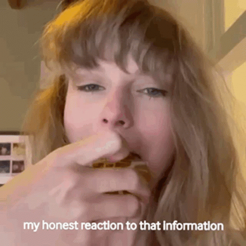 A Woman Eating A Waffle With The Words " My Honest Reaction To That Information " Written Below Her GIF