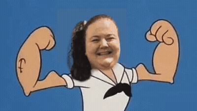 A Woman Flexing Her Muscles In A Cartoon Style With A Letter F On Her Arm GIF