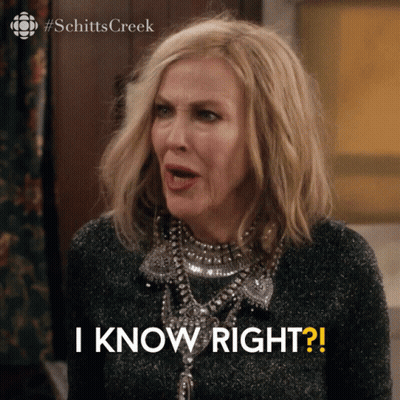A Woman From Schitt 'S Creek Is Making A Funny Face And Says " I Know Right " GIF