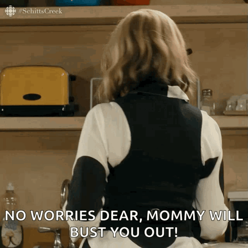 A Woman From Schitts Creek Is Standing In Front Of A Yellow Toaster GIF