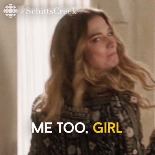 A Woman From Schitts Creek Says Me Too Girl In Yellow Letters GIF