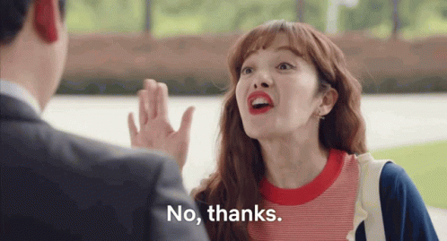 A Woman Giving A High Five To A Man With The Words No Thanks Written Below Her GIF