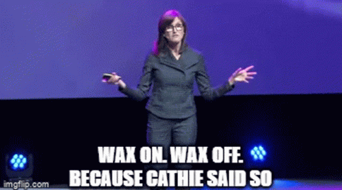 A Woman Giving A Speech With The Words Wax On Wax Off Because Cathie Said So Written Below Her GIF