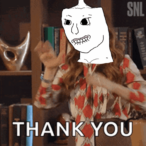 A Woman Giving A Thumbs Up With A Drawing Of A Face Behind Her That Says Thank You GIF