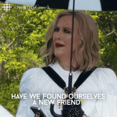 A Woman Holding A Black And White Umbrella With The Words Have We Found Ourselves A New Friend GIF
