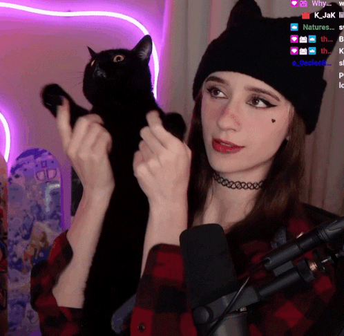 A Woman Holding A Black Cat In Front Of A Microphone With A Purple Background GIF