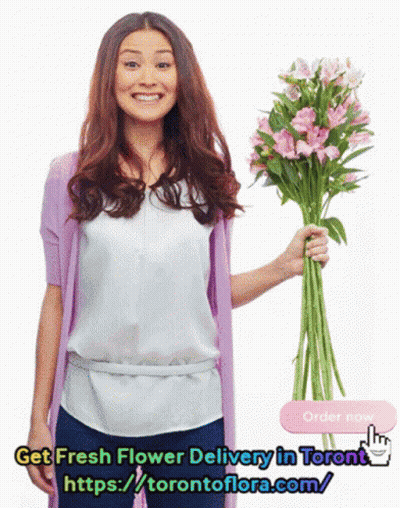 A Woman Holding A Bouquet Of Pink Flowers Next To A Button That Says Get Fresh Flower Delivery In Toronto GIF
