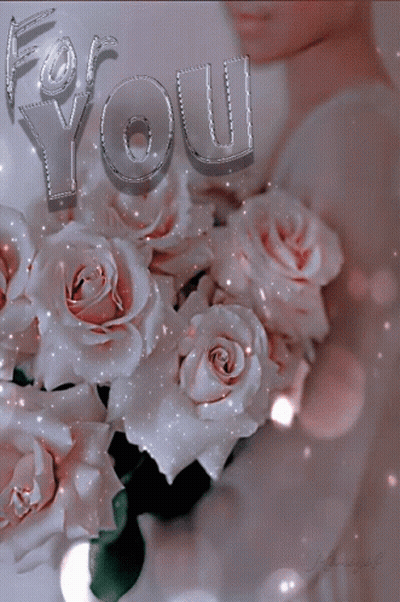 A Woman Holding A Bouquet Of White Roses With The Words " For You " Written Above Her GIF