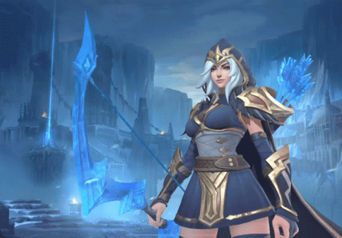 A Woman Holding A Bow And Arrow In Front Of A Mountain GIF