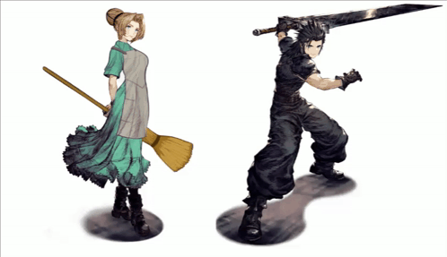 A Woman Holding A Broom Next To A Man Holding A Sword With The Words Power Couple Behind Them GIF