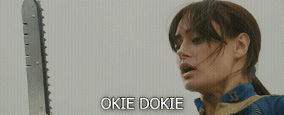 A Woman Holding A Chainsaw With The Words " Okie Dokie " Written Below Her GIF