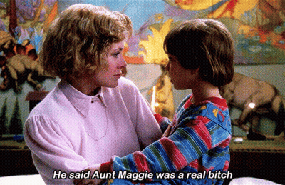A Woman Holding A Child With The Words He Said Aunt Maggie Was A Real Bitch GIF