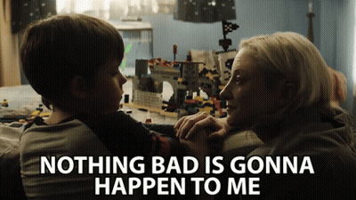 A Woman Holding A Child With The Words " Nothing Bad Is Gonna Happen To Me " On The Bottom GIF