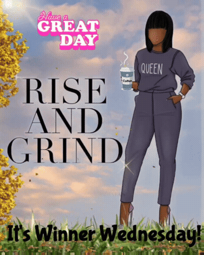 A Woman Holding A Cup Of Coffee Says Rise And Grind GIF