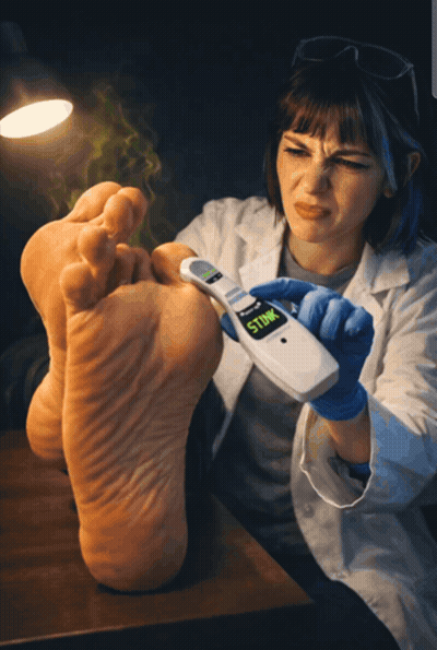 A Woman Holding A Device That Says Stink On The Screen GIF