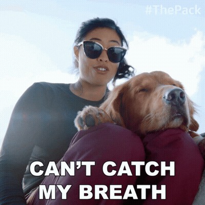 A Woman Holding A Dog With The Words Can 'T Catch My Breath GIF