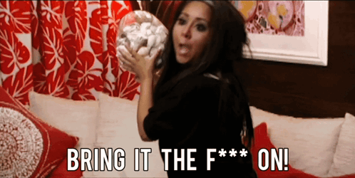 A Woman Holding A Donut With The Words Bring It The F *** On GIF