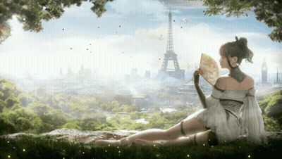A Woman Holding A Fan In Front Of The Eiffel Tower In Paris GIF