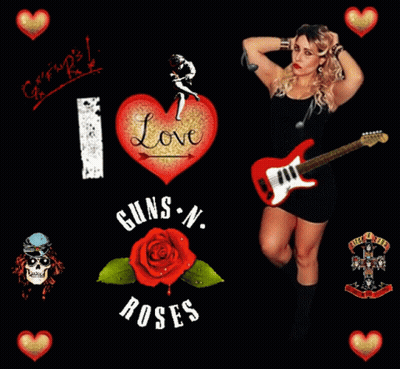 A Woman Holding A Guitar In Front Of Guns N Roses Logos GIF