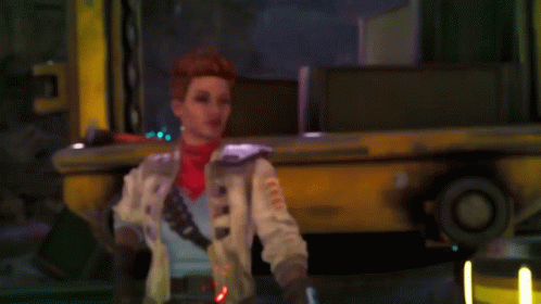 A Woman Holding A Gun In Front Of A Yellow Car GIF