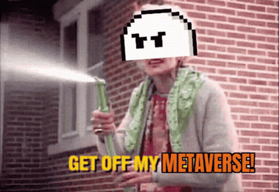 A Woman Holding A Hose Spraying Water With The Words Get Off My Metaverse On The Bottom GIF