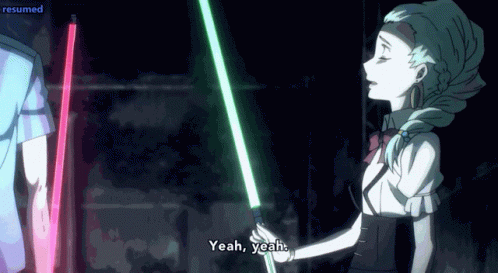 A Woman Holding A Light Saber Says Yeah Yeah GIF