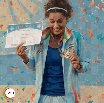 A Woman Holding A Medal And A Certificate That Says Certificate Of Participation Asia Games 2014 GIF