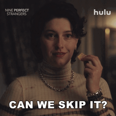 A Woman Holding A Piece Of Food With The Words Can We Skip It On The Bottom GIF