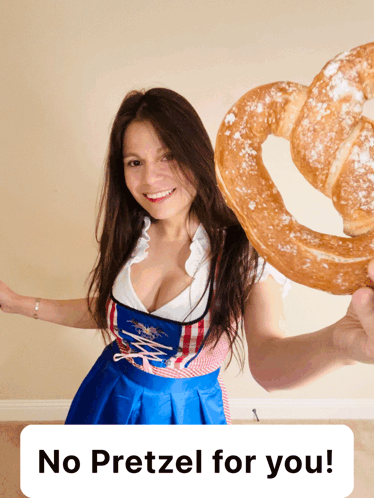 A Woman Holding A Pretzel With The Words No Pretzel For You GIF