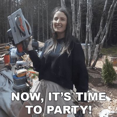 A Woman Holding A Saw With The Words Now It 'S Time To Party Below Her GIF