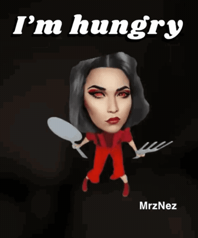 A Woman Holding A Spoon And Fork With The Words I 'M Hungry Written Above Her GIF
