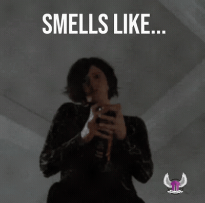 A Woman Holding A Spray Can With The Words Smells Like Lies Below Her GIF