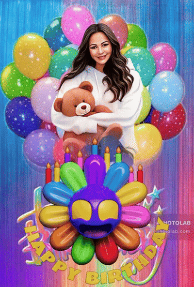 A Woman Holding A Teddy Bear Surrounded By Balloons And Candles With The Words Happy Birthday Below Her GIF